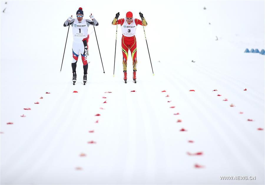 China's Sun Qinghai (R) competes during men's 1.4km individual sprint classical cross country skiing at the 2017 Sapporo Asian Winter Games in Sapporo, Japan, Feb. 20, 2017. Sun Qinghai won the silver medal of the event. [Photo: Xinhua/Liao Yujie]