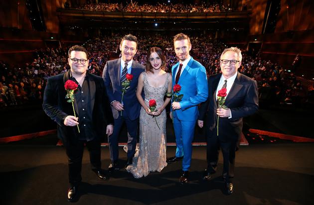 Emma Watson (C), Dan Stevens (2nd R) and other cast and crew members of “Beauty and the Beast” attend the film’s Chinese premiere in Shanghai on Monday, February 27th, 2017. [Photo: Sina] 