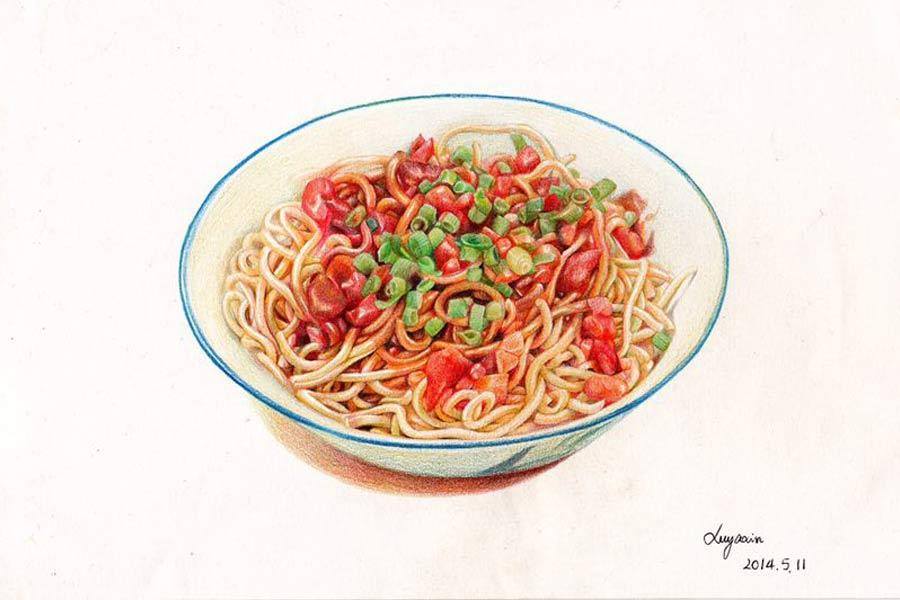 The hand-drawn sketch portrays re gan mian (hot and dry noodles), a typical food in Wuhan. [Photo provided to China Daily]