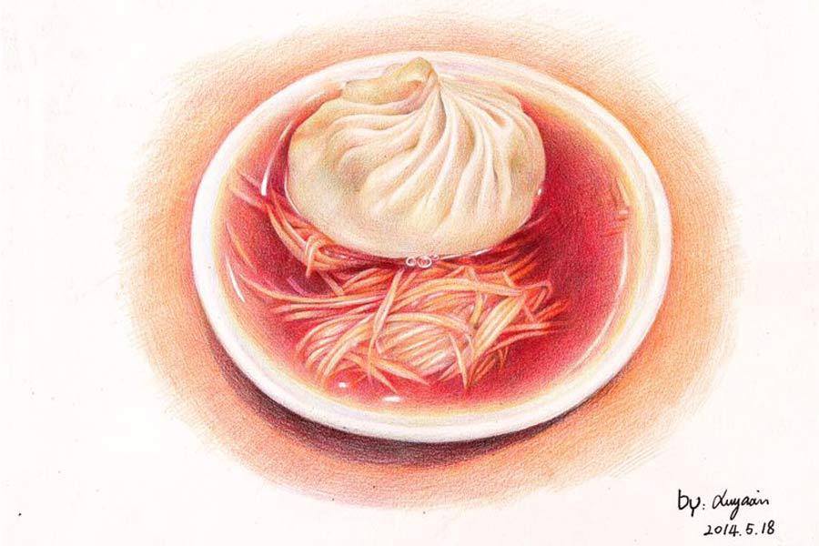 汤包 The hand-drawn sketch portrays tangbao (soup dumplings). [Photo provided to China Daily]