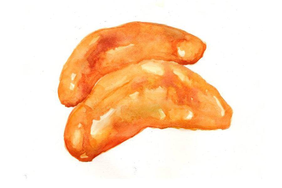 鸡冠饺 The hand-drawn sketch portrays cockscomb-shaped dumplings. [Photo provided to China Daily]
