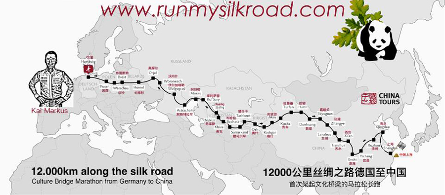 Kai's running path from Germany to China along the Silk Road. [Photo: facebook.com]