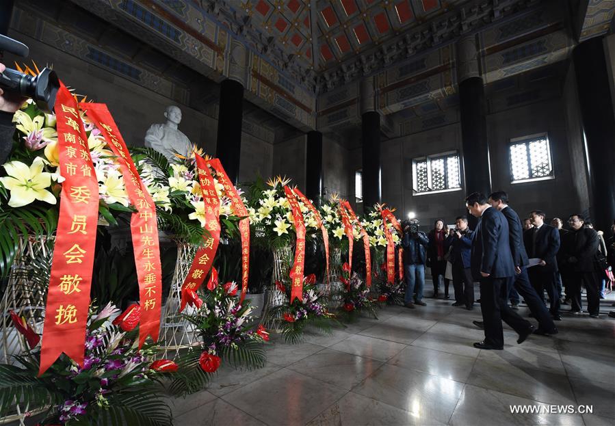 People attend a ceremony to commemorate the 92nd anniversary of the death of Dr. Sun Yat-sen at the Sun Yat-sen Mausoleum in Nanjing, capital of east China's Jiangsu Province, March 12, 2017. Sun was born in 1866 and is known to the Chinese people as a "great revolutionary and statesman" for his leading role during the 1911 Revolution, which ended more than 2,000 years of feudal rule in China. [Photo: Xinhua/Sun Can]
