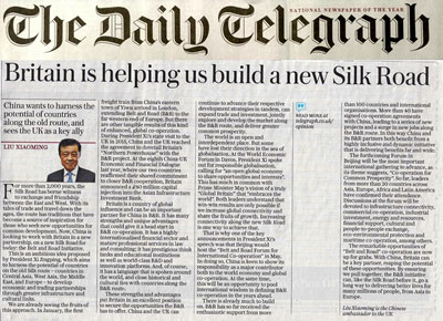 The Daily Telegraph article by Liu Xiaoming, China's Ambassador to the UK, titled "Britain is helping us build a new Silk Road." [Photo: CRIENGLISH.com]