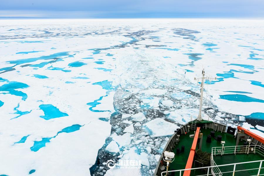Photo shows the "Snow Dragon" ship navigating through the ice. [Photo: zjol.com.cn]
