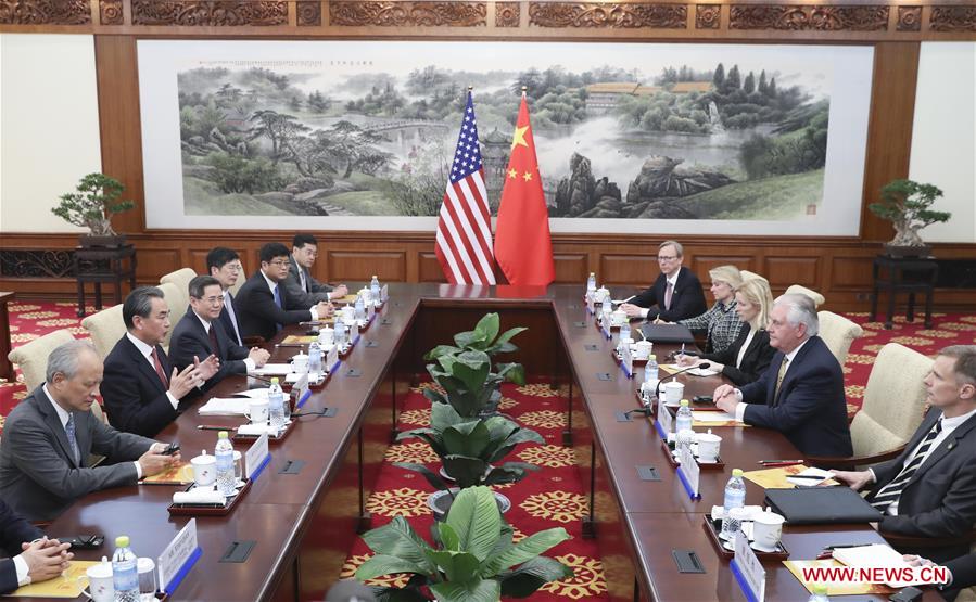 Chinese Foreign Minister Wang Yi (2nd L) meets with U.S. Secretary of State Rex Tillerson (2nd R) in Beijing, capital of China, March 18, 2017. [Photo: Xinhua/Pang Xinglei]