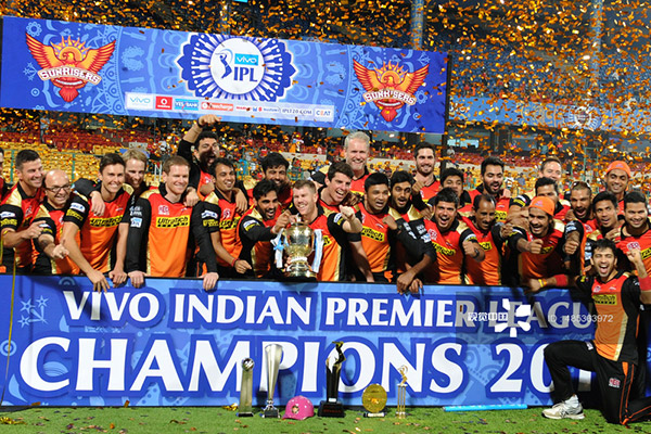 Sunrisers Hyderabad pose for a team photograph as the players celebrate victory against Royal Challengers Bangalore after the trophy presentation in the final Twenty20 cricket match of the 2016 Indian Premier League. [Photo: Agencies]