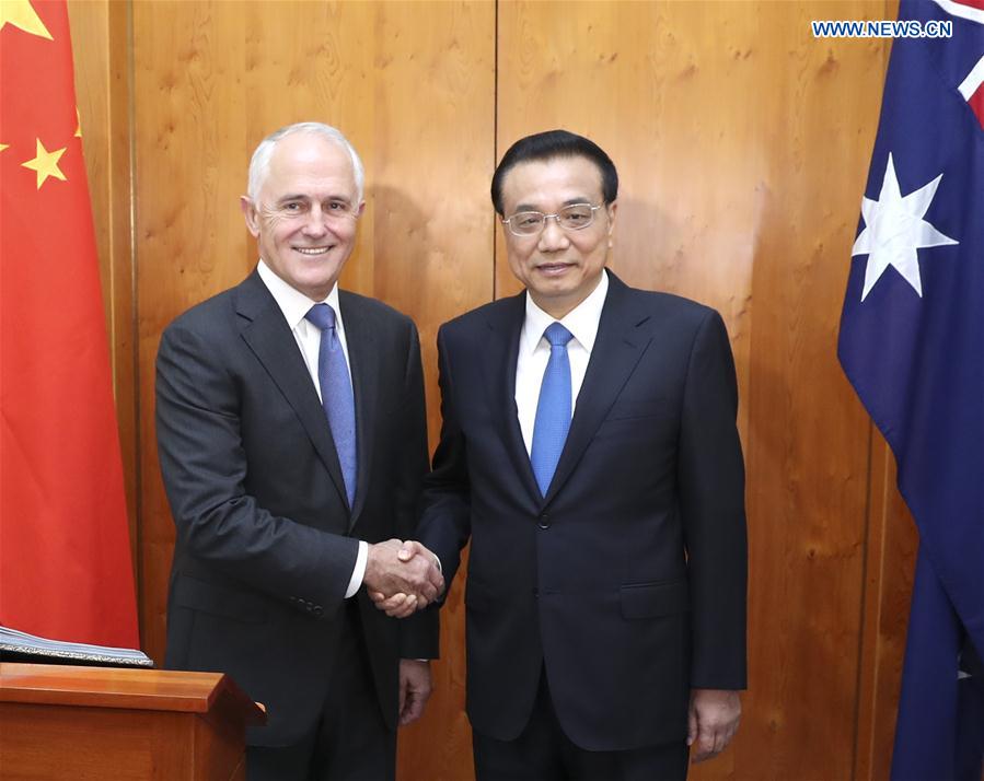 Chinese Premier Li Keqiang (R) and Australian Prime Minister Malcolm Turnbull hold talks in Canberra, Australia, March 23, 2017. [Photo: Xinhua/Pang Xinglei]