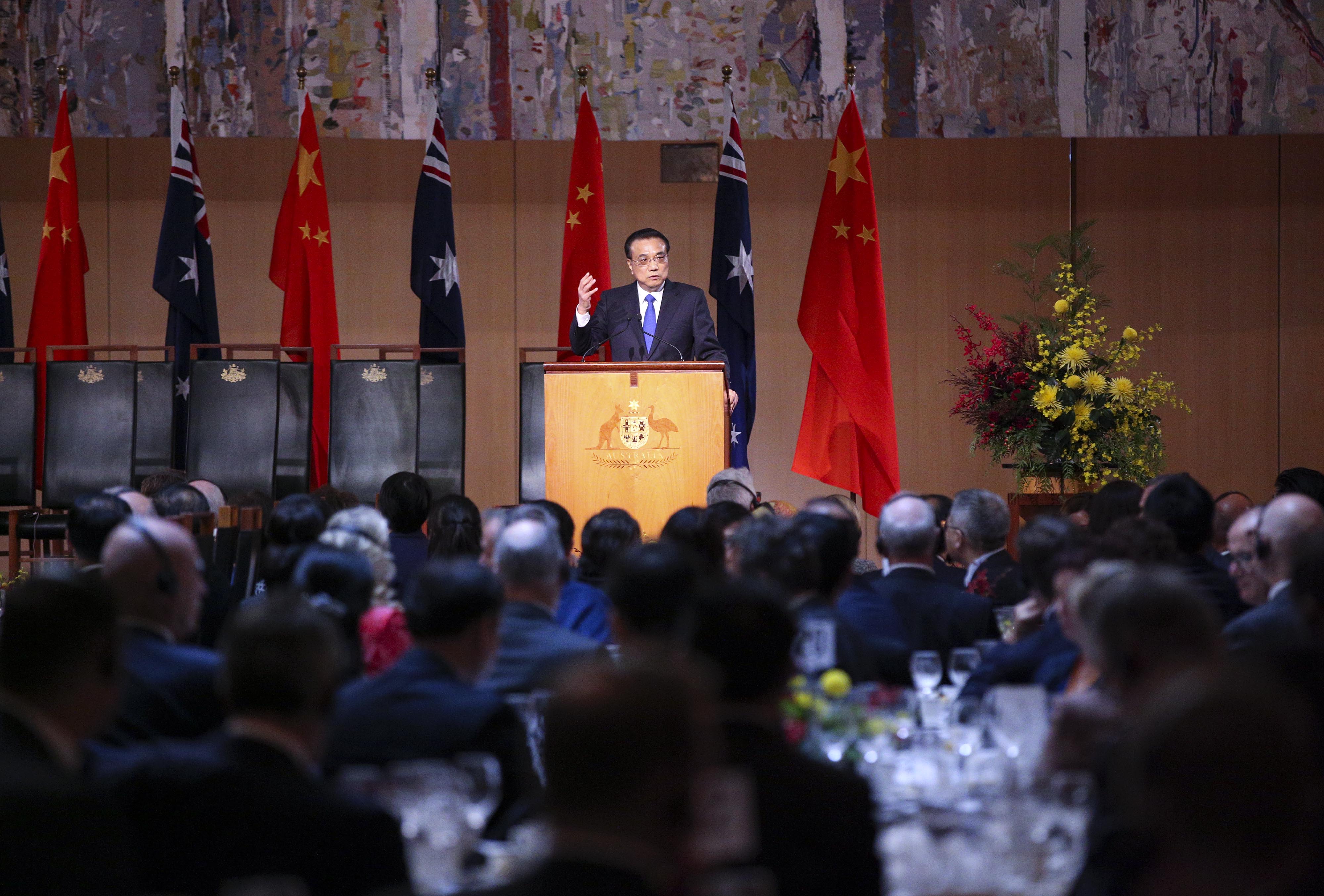 Chinese Premier Li Keqiang delivers a speech during a welcome banquet in Canberra, Australia, on March 23, 2017. [Photo: gov.cn]