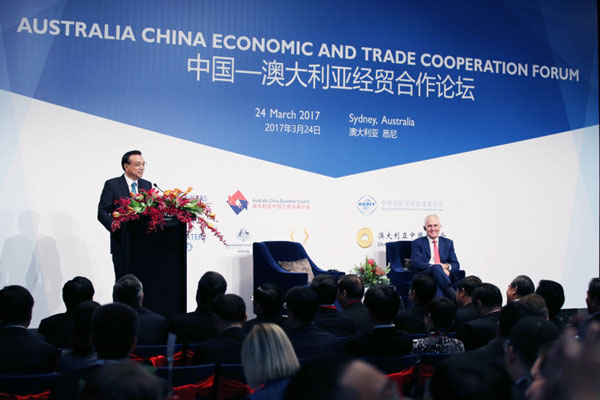 Chinese Premier Li Keqiang delivers a keynote speech at the Australia-China Economic and Trade Cooperation Forum in Sydney, Australia on Friday, March 24, 2017. Premier Li says the prosperous economic and trade relations between China and Australia are thanks to free trade and the two countries will continue to develop new trade fields. [Photo: gov.cn]