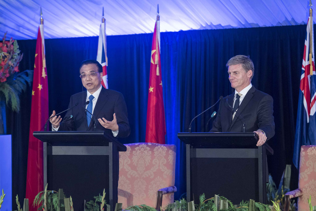 Visiting Chinese Premier Li Keqiang and his New Zealand counterpart, Bill English, attend a press conference in Wellington, New Zealand, on Monday, March 27, 2017. Li said that the newly launched negotiations on upgrading the China-New Zealand Free Trade Agreement (FTA) will strongly promote China-New Zealand trade, delivering the message of protecting free trade to the world.