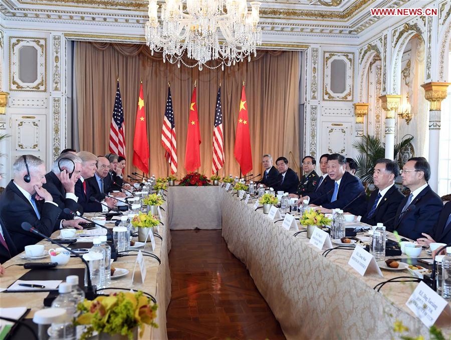 Chinese President Xi Jinping (3rd R) and his U.S. counterpart Donald Trump (3rd L) hold the second round of talks in the Mar-a-Lago resort in Florida, the United States, April 7, 2017. [Photo:Xinhua]