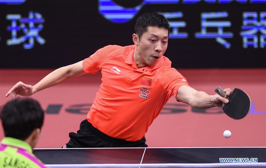 Xu Xin of China competes during the men's team final against Jeong Sangeun of South Korea at the 23rd ITTF Asian Table Tennis championships in Wuxi, east China's Jiangsu Province, on Wednesday, April 12, 2017. [Photo: Xinhua]