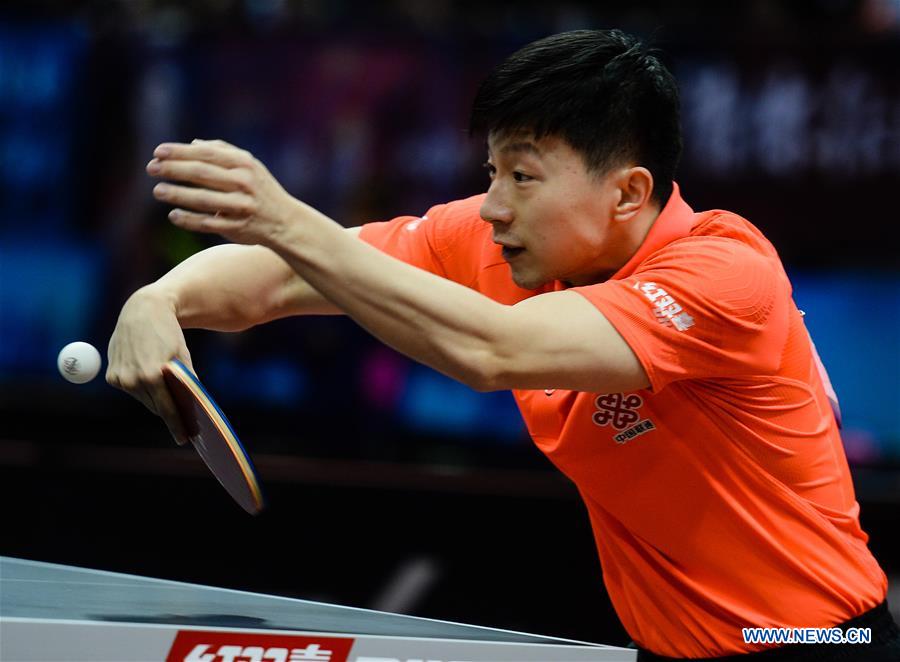 Ma Long of China competes during the men's team final against Jang Woojin of South Korea at the 23rd ITTF Asian Table Tennis championships in Wuxi, east China's Jiangsu Province, on Wednesday, April 12, 2017. [Photo: Xinhua]