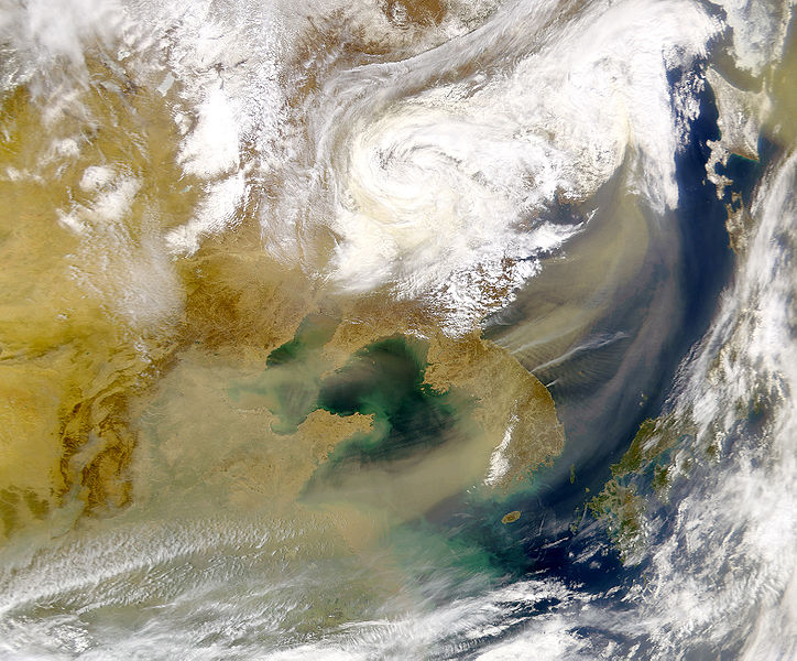 Satellite image of East Asia. Dust storm hits China, Korea Japan.[Photo: Wikimedea Commons]