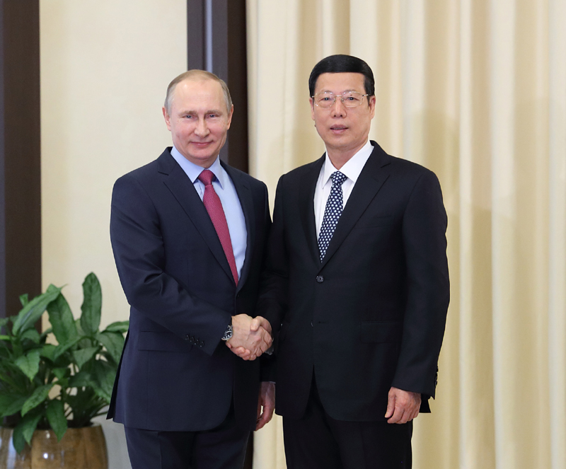 Chinese Vice Premier Zhang Gaoli (R) meets with Russian President Vladimir Putin in Moscow on Thursday, April 13, 2017. [Photo: Xinhua]