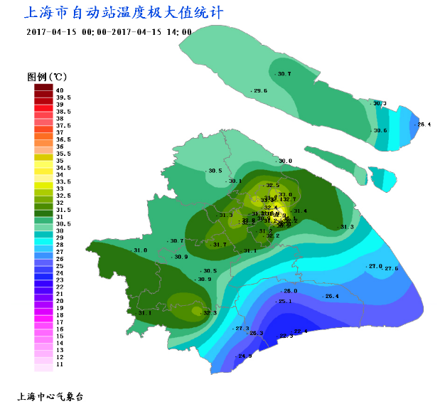 Statistics of the maximum temperatures in Shanghai on April 15th.[Photo: soweather.com]