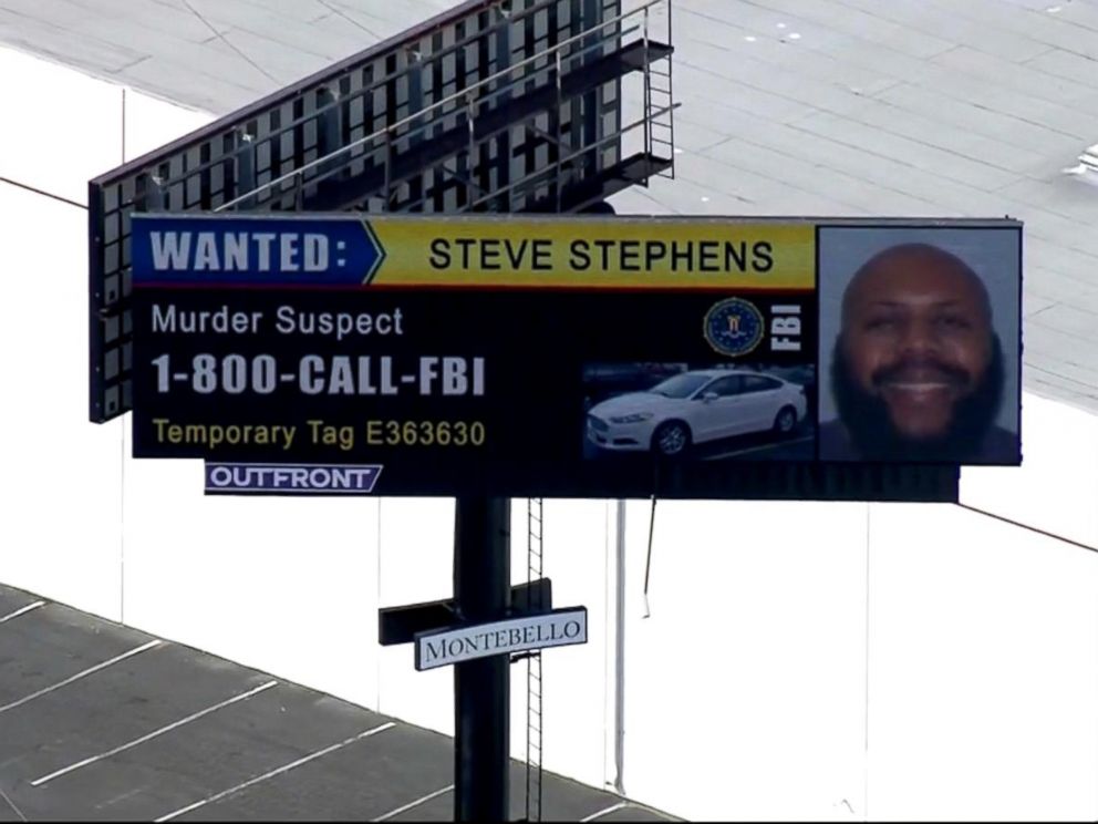 Facebook murder suspect Steve Stephens is seen on a billboard off a California freeway.[Photo: KCBS]