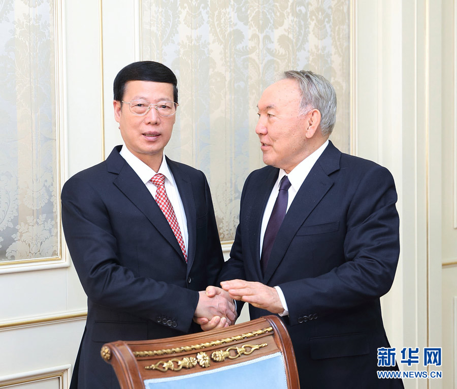 Chinese Vice Premier Zhang Gaoli met with Kazakh President Nursultan Nazarbayev in Astana on April.18, 2017. [Photo: Xinhua]