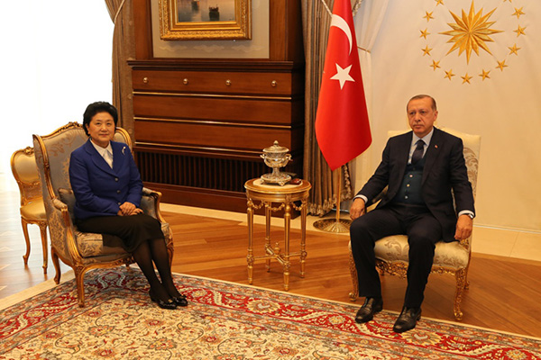 Visiting Chinese Vice Premier Liu Yandong meets with Turkish President Recep Tayyip Erdogan in Ankara, capital of Turkey, April 18, 2017. [Photo: Xinhua]