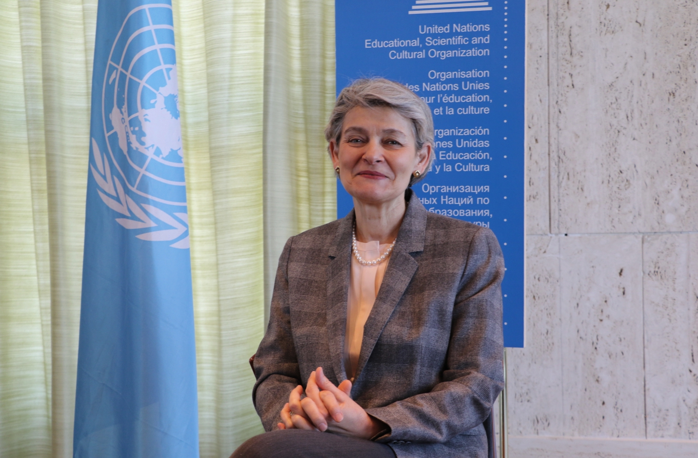 UNESCO Director-General Irina Bokova is interviewed by China Radio International in Paris in this recent photo. [Photo; China Plus]