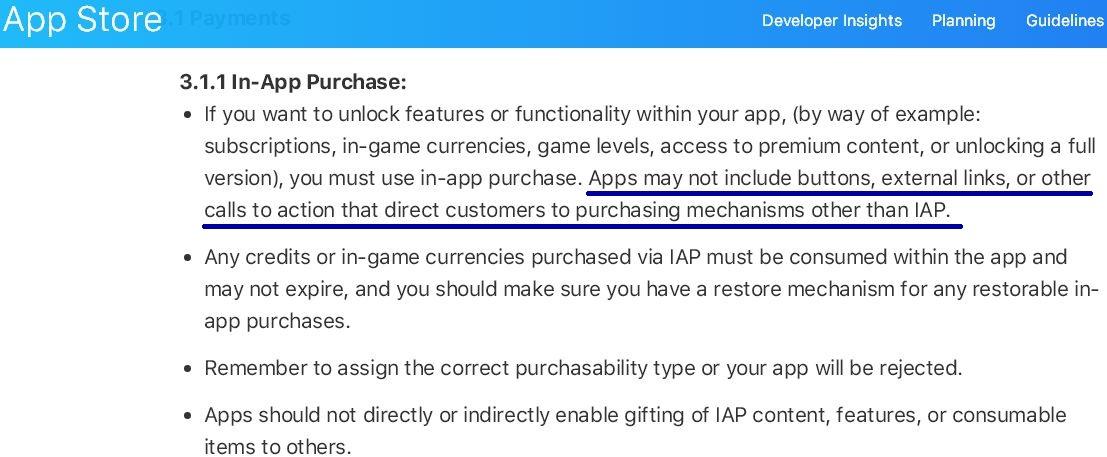 A screenshot of rule "3.1.1 In-App Purchase" on Apple's App Store [Screenshot: China Plus]