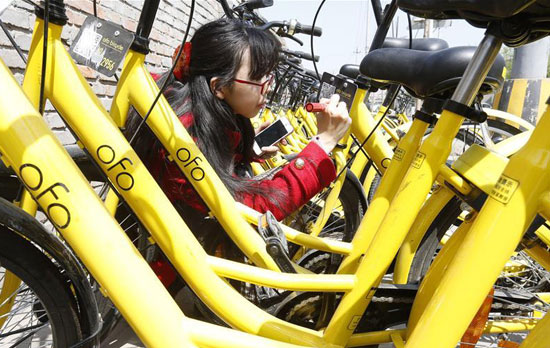 Li Dongyu works on fixing damaged license plates of ofo bikes in Beijing. [Photo: cyol.com]
