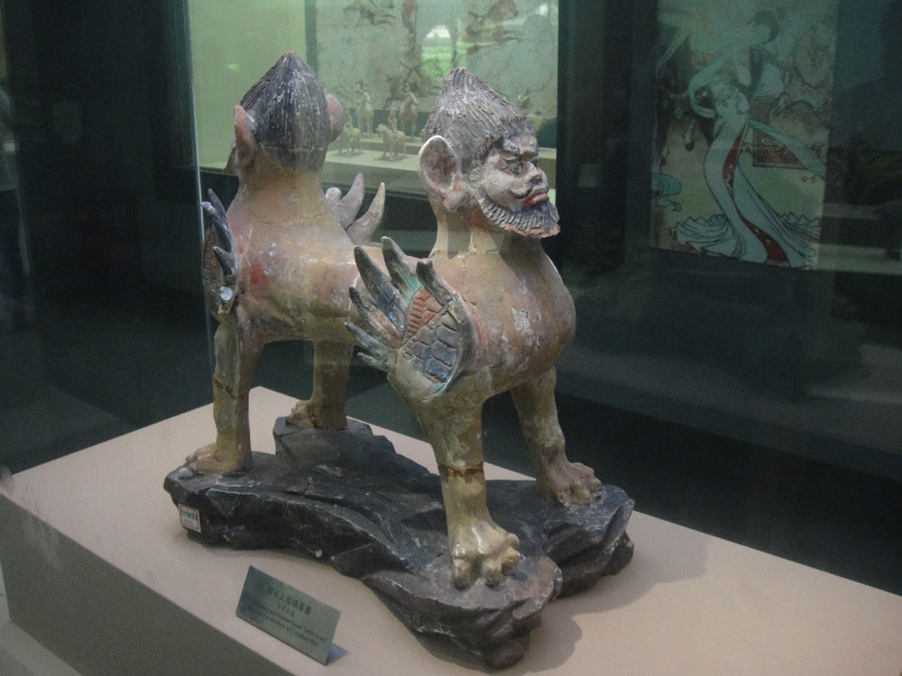 A Tang-era sculpture of a two-headed beast is seen at the Zhao Tomb Museum in Xianyang, northwest China's Shaanxi Province. [Photo: China Plus]
