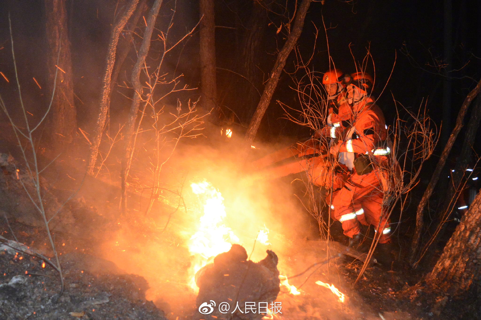 Firefighters try to put out the forest fire in northern China's Inner Mongolia Autonomous Region. [Photo: weibo.com]