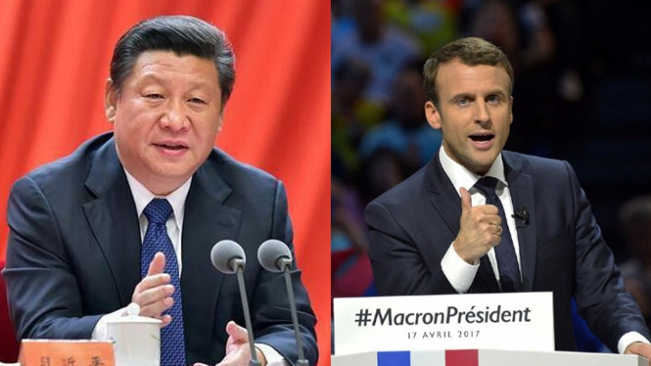File photo of Chinese President Xi Jinping (L) and French President-elect Emmanuel Macron (R).