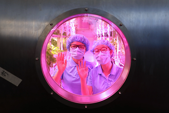 Two volunteers waving inside the simulated space capsule “Yuegong 1”, May 10, 2017. [Photo: buaa.edu.cn]