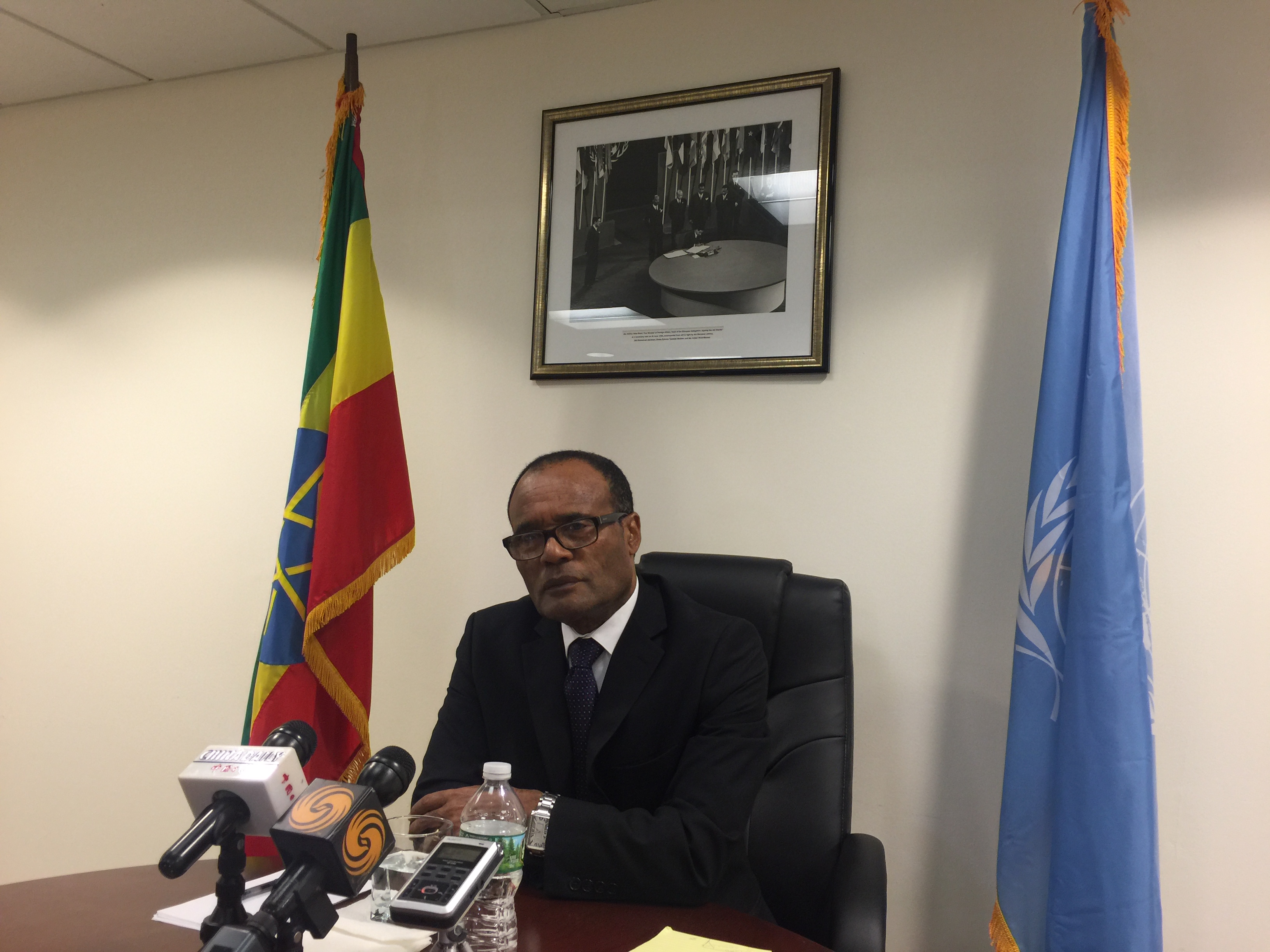 Ethiopian Ambassador to UN Tekeda Alemu takes interview with Chinese media outlets to discuss China’s Belt and Road Initiative in New York on May 10th. [Photo: China Plus/Qian Shanming]