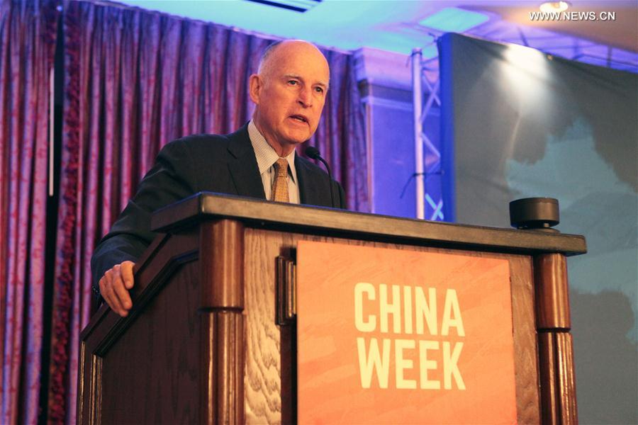 California Governor Jerry Brown speaks at the opening ceremony of the 2nd California-China Business Summit in Los Angeles, California, the United States, May 9, 2017. California Governor Jerry Brown said on Tuesday he hoped to further advance California-China business ties during his term. He made the remarks during the 2nd ChinaWeek California-China Business Summit, an annual conference attracting about 170 government and industry representatives from China and over 100 American industry leaders. [Photo: Xinhua/Mu Yibing]
