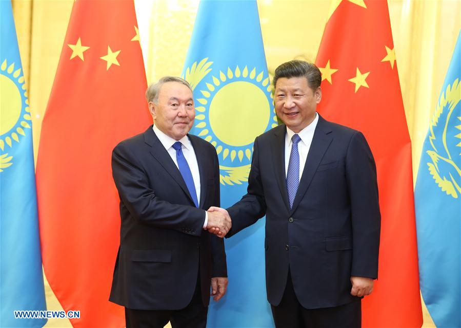 Chinese President Xi Jinping (R) meets with Kazakh President Nursultan Nazarbayev, who is here for the Belt and Road Forum (BRF) for International Cooperation, at the Great Hall of the People in Beijing, capital of China, May 14, 2017. [Photo: Xinhua]
