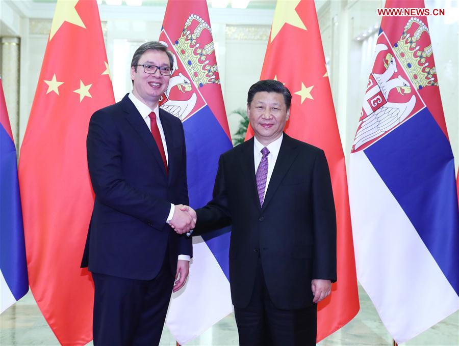Chinese President Xi Jinping meets with Aleksandar Vucic, Serbia's prime minister and president-elect, who attended the Belt and Road Forum for International Cooperation on Sunday and Monday, in Beijing, capital of China, May 16, 2017.[Photo: Xinhua]