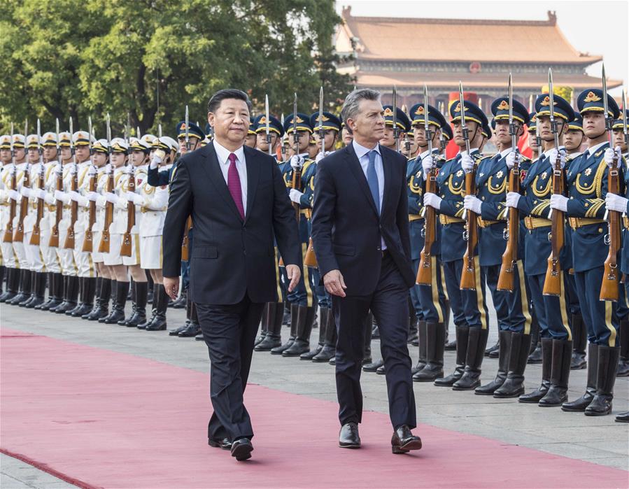 Chinese President Xi Jinping holds a welcome ceremony for his Argentine counterpart Mauricio Macri before their talks in Beijing, capital of China, May 17, 2017. [Photo: Xinhua]