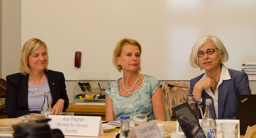 Swedish Minister for Finance Magadalena Andersson (left), Swedish Minister for Children, the Elderly and Gender Equality Asa Regner (middle) and World Bank's Senior Director in Gender Caren Grown discussed mainstreaming gender equality budget for better development in Stockholm on May 17, 2017.  [Photo: Chen Xuefei/China Plus]