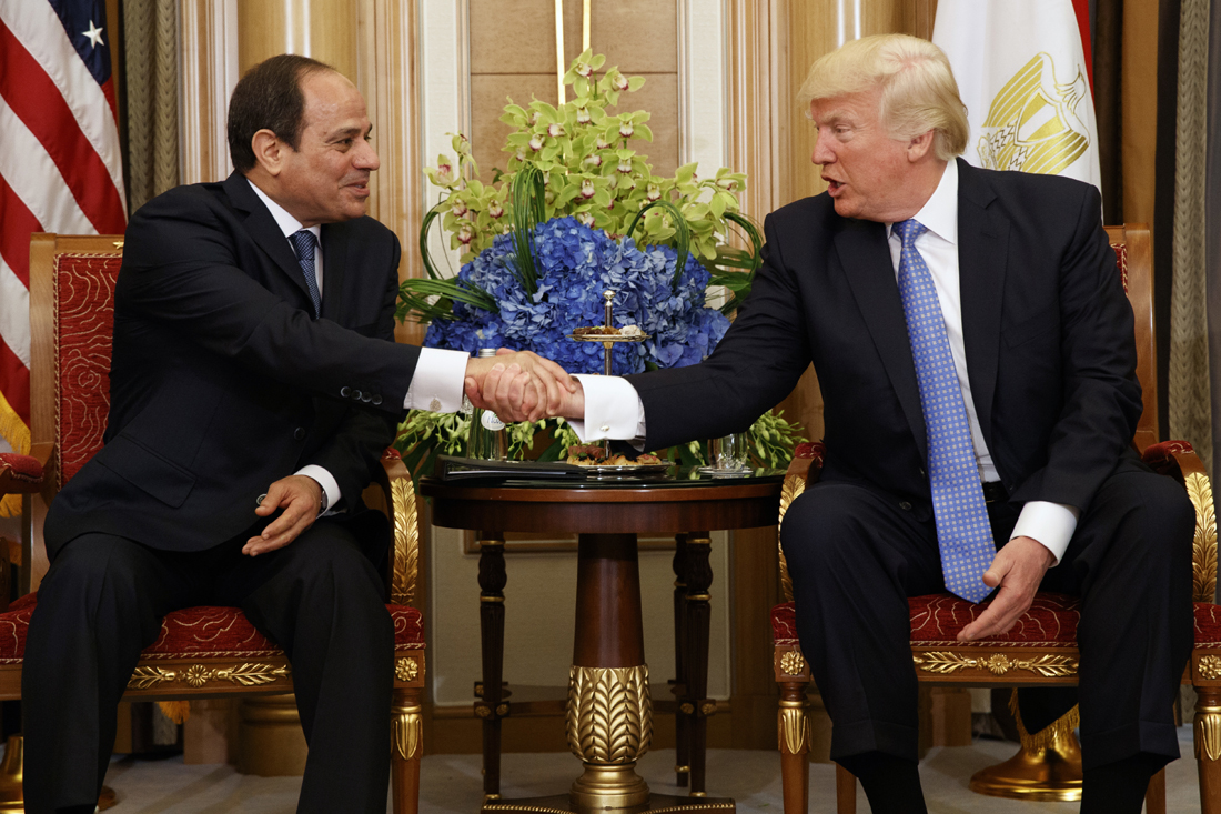 U.S. President Donald Trump, right, shakes hands with Egyptian President Abdel Fattah al-Sisi during a bilateral meeting, Sunday, May 21, 2017, in Riyadh. [Photo: AP/Evan Vucci]
