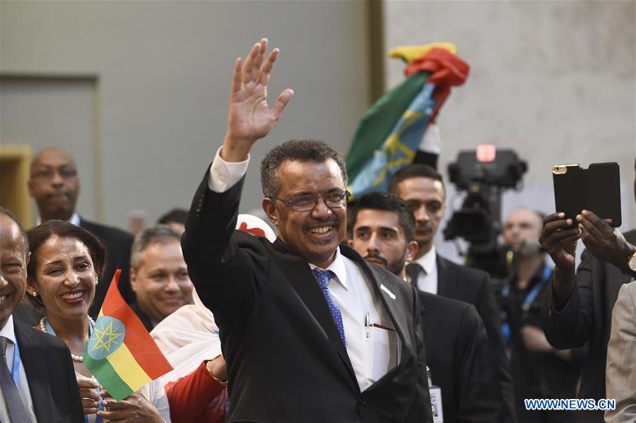 Newly elected Director-General of World Health Organization (WHO) Tedros Adhanom waves during the 70th World Health Assembly in Geneva, Switzerland, May 23, 2017. Tedros Adhanom, 52-year-old former health minister and foreign minister of Ethiopia, was elected on Tuesday as new Director-General of the World Health Organization, UN's health agency. [Photo: Xinhua]