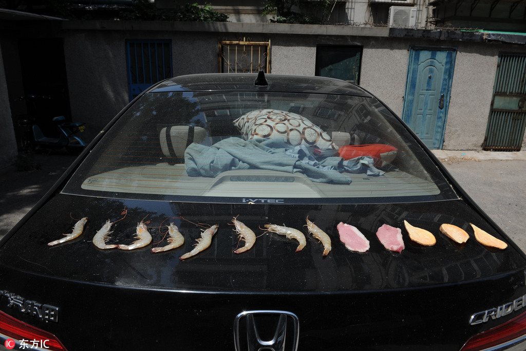 大妈汽车后备箱上烤肉烤虾 An old woman had a barbecue on car's trunk