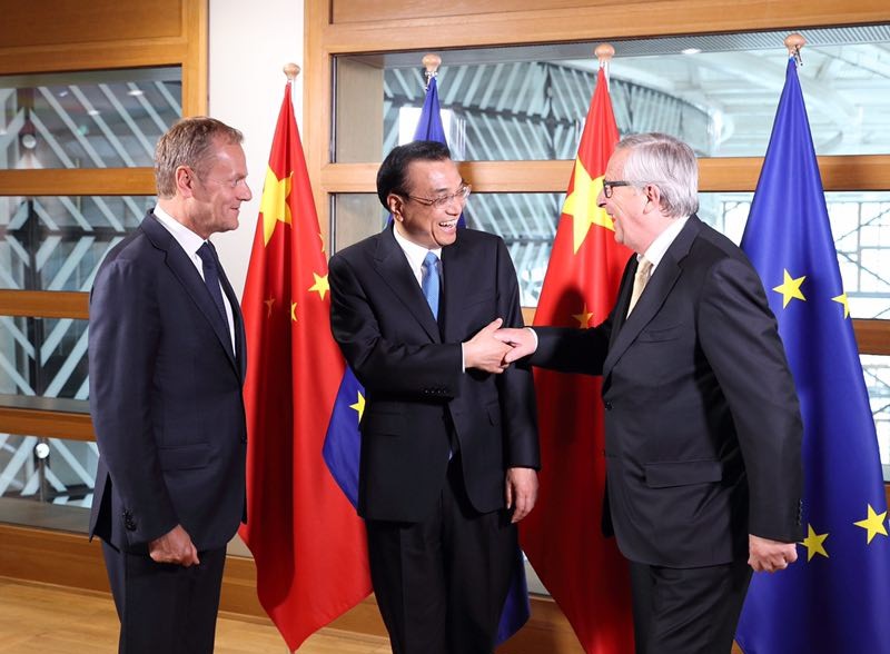 Chinese Premier Li Keqiang attends a welcome banquet held by the President of the European Council Donald Tusk, and President of the European Commission Jean-Claude Juncker in Brussels, Belgium, on Thursday, June 1, 2017. [Photo: gov.cn]