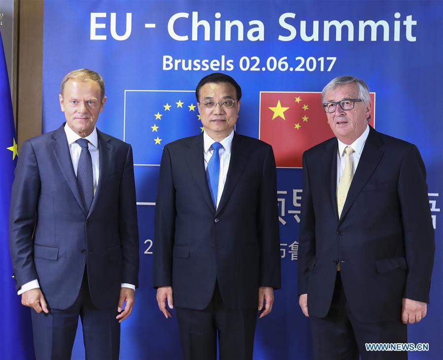Chinese Premier Li Keqiang (C), European Council President Donald Tusk (L) and European Commission President Jean-Claude Juncker co-chair the 19th China-EU leaders' meeting in Brussels, Belgium, June 2, 2017. [Photo: Xinhua/Xie Huanchi]