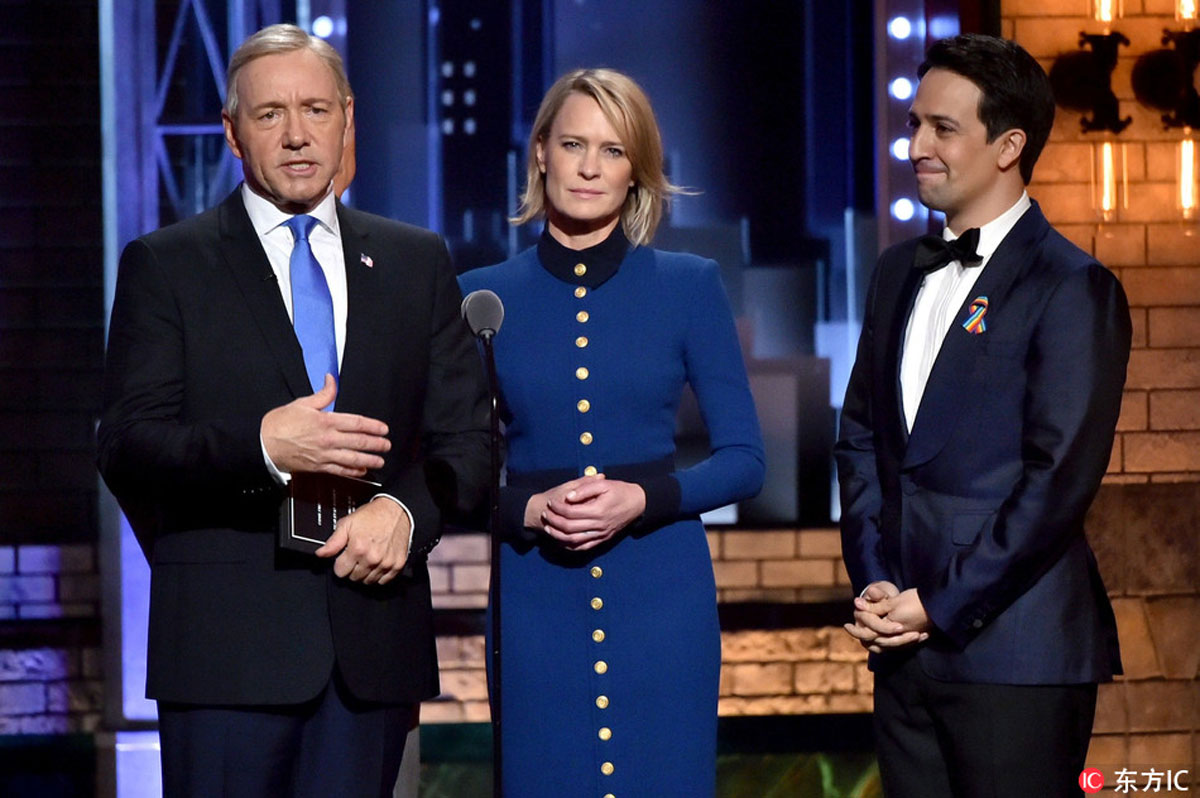 Kevin Spacey doing a House of Cards spoof at the 71st Annual Tony Awards, Show, in New York, USA on 11 Jun 2017. Spacey made an appearance on stage as his famous character, Frank Underwood, along with Robin Wright, who plays Claire Underwood to handed the card for best musical. [Photo: Imagine China/Andrew H. Walker]