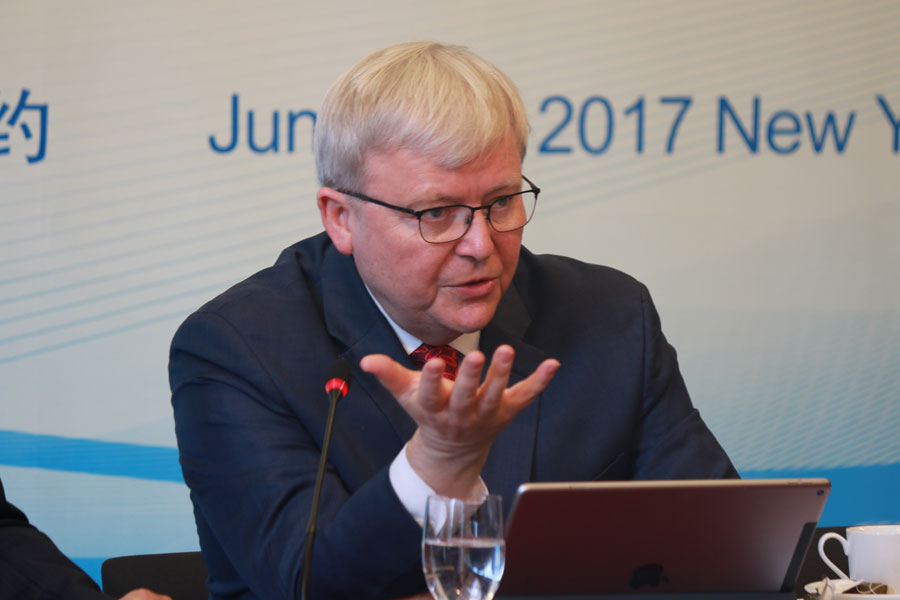 Kevin Rudd, President of Asia Society Policy Institute (ASPI), former Australian Prime Minister, addresses a keynote speech at the High-Level Dialogue on U.S.-China Economic Relations in New York on June 14th, 2017. [Photo: China Plus/Zhao Xinyu]