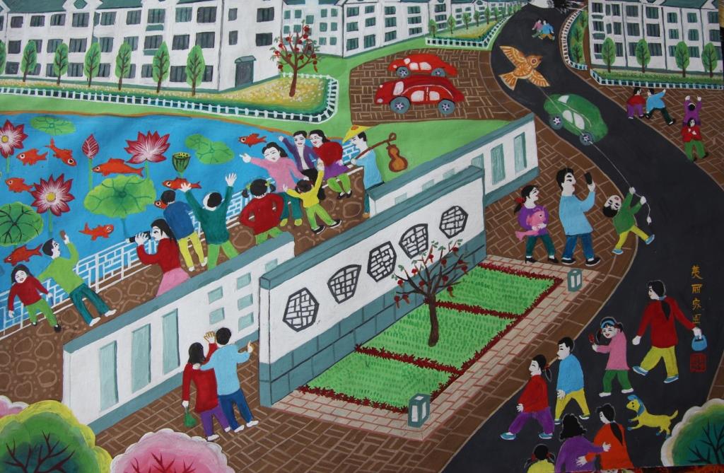 This painting by the Sheyang Farmers Painting Institute in Jiangsu Province, east China, depicts a modernized village and the colorful lives of its residents. [Photo: Chinaplus/Yin Xiuqi]