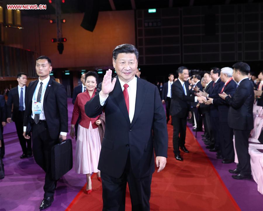 Chinese President Xi Jinping, also general secretary of the Central Committee of the Communist Party of China and chairman of the Central Military Commission, and his wife Peng Liyuan, arrive for a grand gala marking the 20th anniversary of Hong Kong's return to China at Hong Kong Convention and Exhibition Center, in Hong Kong, south China, June 30, 2017.[Photo: Xinhua]