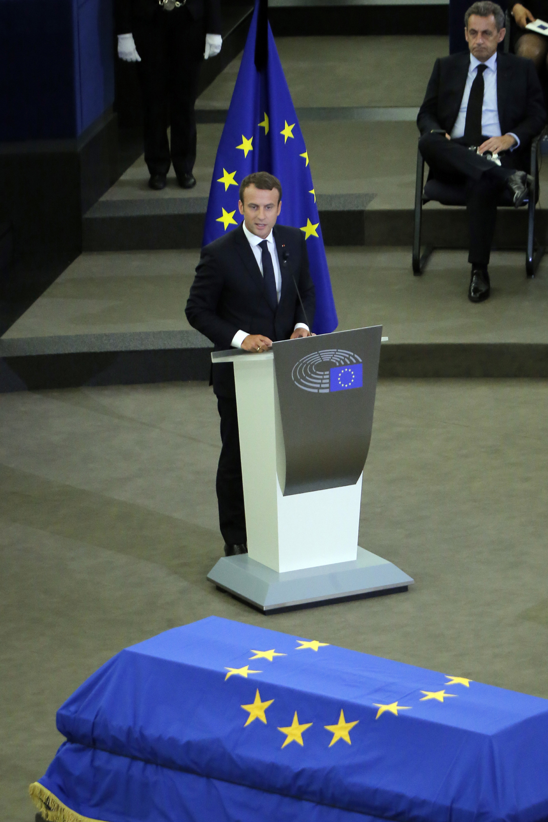 French President Emmanuel Macron delivers his speech during an homage ceremony for former German Chancellor Helmut Kohl, at the European Parliament in Strasbourg, eastern France, Saturday July 1, 2017. Current and former leaders from Europe and beyond are gathering in Strasbourg, France to bid farewell to former German Chancellor Helmut Kohl, who died June 16 at 87. [Photo: AP/Michel Euler]
