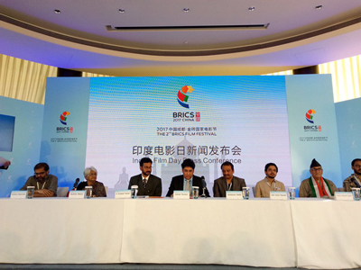 The photo shows Indian delegates during the press release of Indian Film Day at the 2nd BRICS Film Festival in Chengdu, China on June 26,2017.[Photo:Courtesy of BRICS Film Festival Organizing Committee]