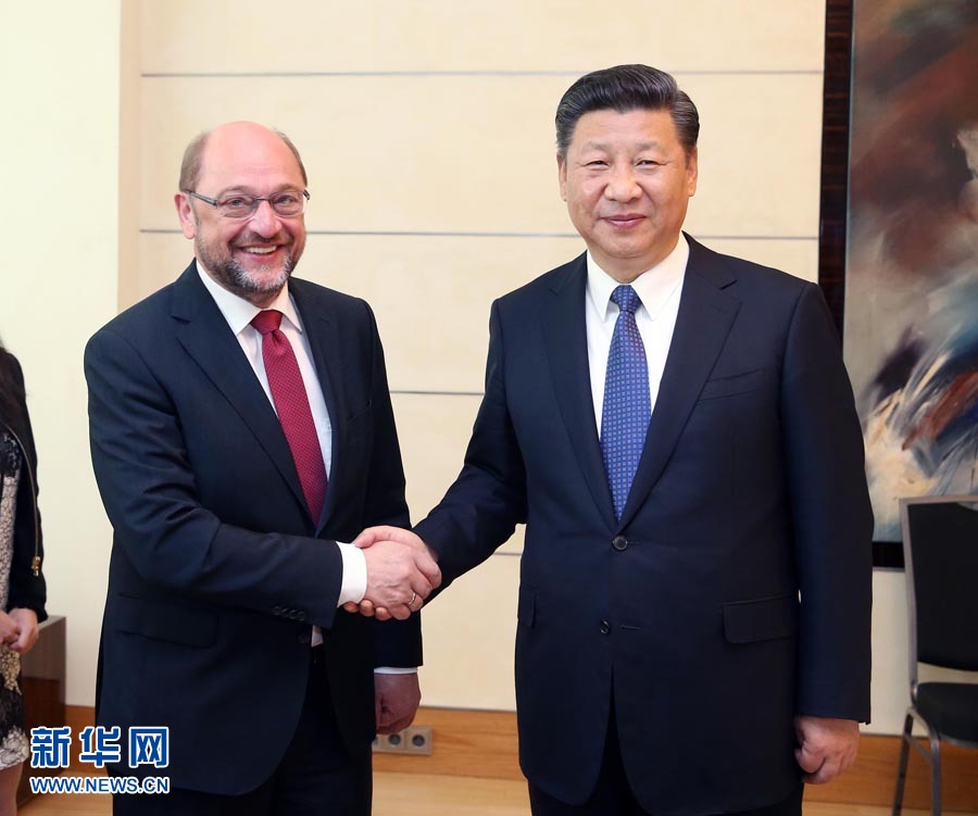 Chinese President Xi Jinping meets with Martin Schulz, chairman of the Social Democratic Party (SPD) of Germany. [Photo: Xinhua]