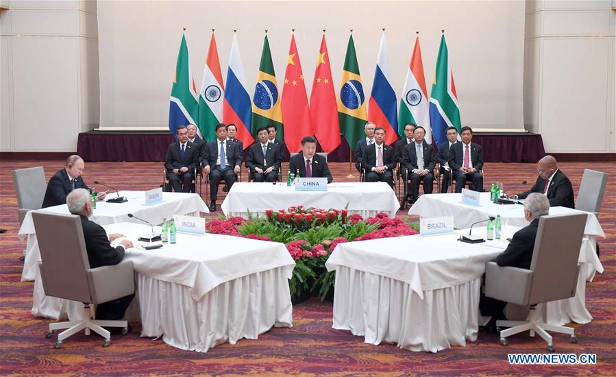 Chinese President Xi Jinping presides over an informal leaders' meeting of the emerging-market bloc, which groups Brazil, Russia, India, China and South Africa, in Hamburg, Germany, July 7, 2017. South African President Jacob Zuma, Brazilian President Michel Temer, Russian President Vladimir Putin and Indian Prime Minister Narendra Modi attended the meeting. [Photo: Xinhua]